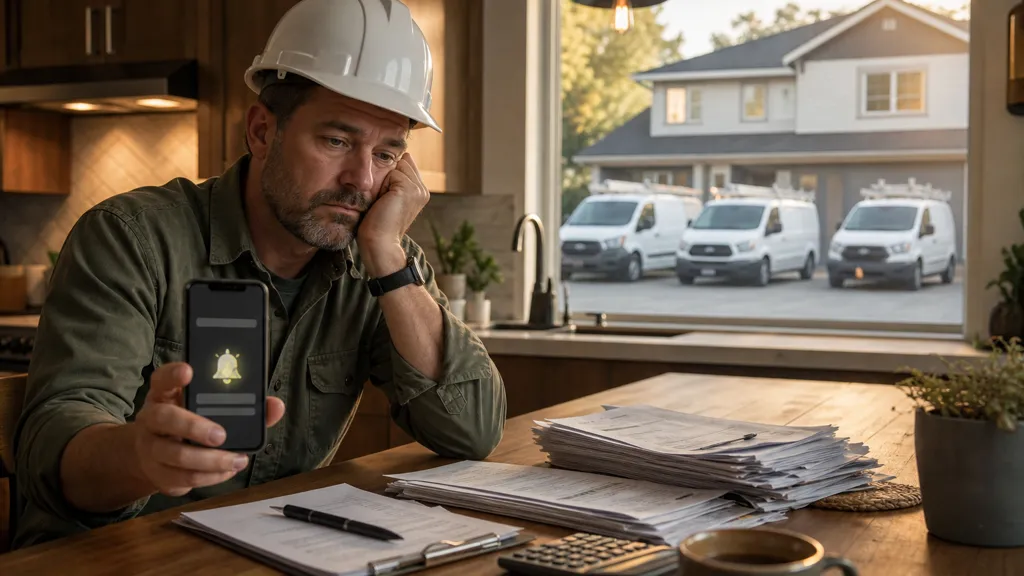 Concept image — a contractor holding a phone with a lead alert at dawn while three other contractor vans wait outside the same house.