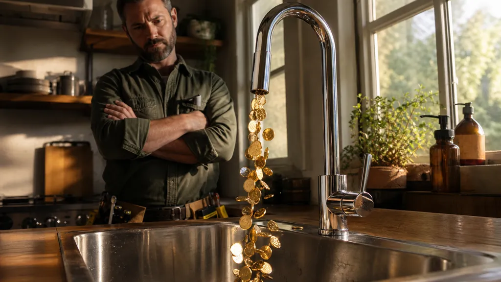 Concept image — a kitchen faucet pouring a stream of coins down the drain while a contractor watches with his arms crossed.