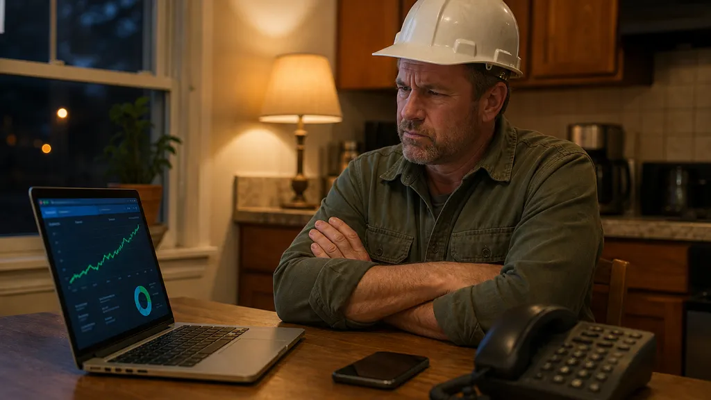 Concept image — a contractor staring at a rising traffic dashboard while the phone beside him stays silent.