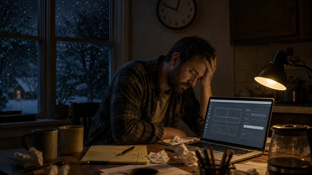 Concept image — a contractor at 2 a.m. in winter, hunched over a half-built website that never ships.