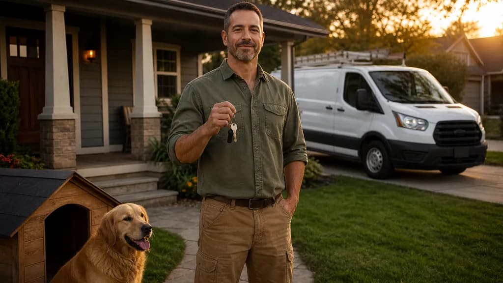 Concept image — a contractor holding the keys to one house with his single van in the driveway, a golden retriever by the doghouse keeping watch.