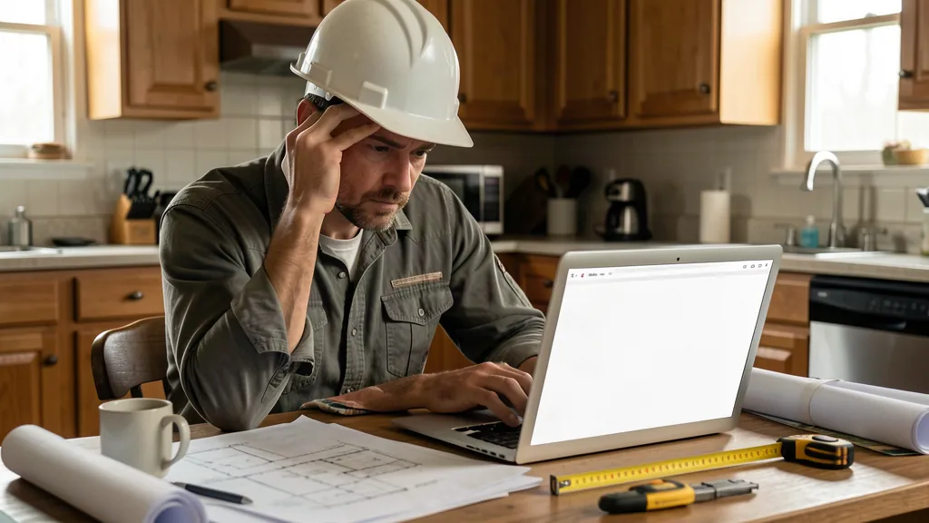 Concept image — a contractor scratching his head at a laptop showing an empty search results page.