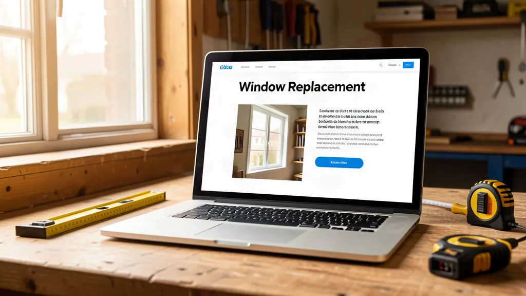 Concept image — a clean, well-structured window replacement service page on a laptop at a workbench.