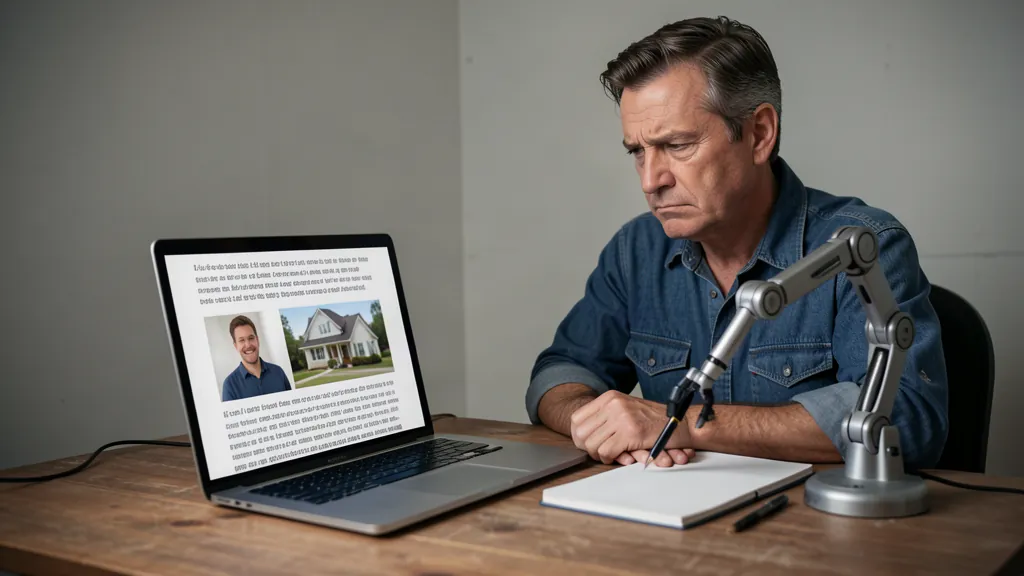 Concept image — a contractor unimpressed by a bland, generic AI-written article on a laptop.