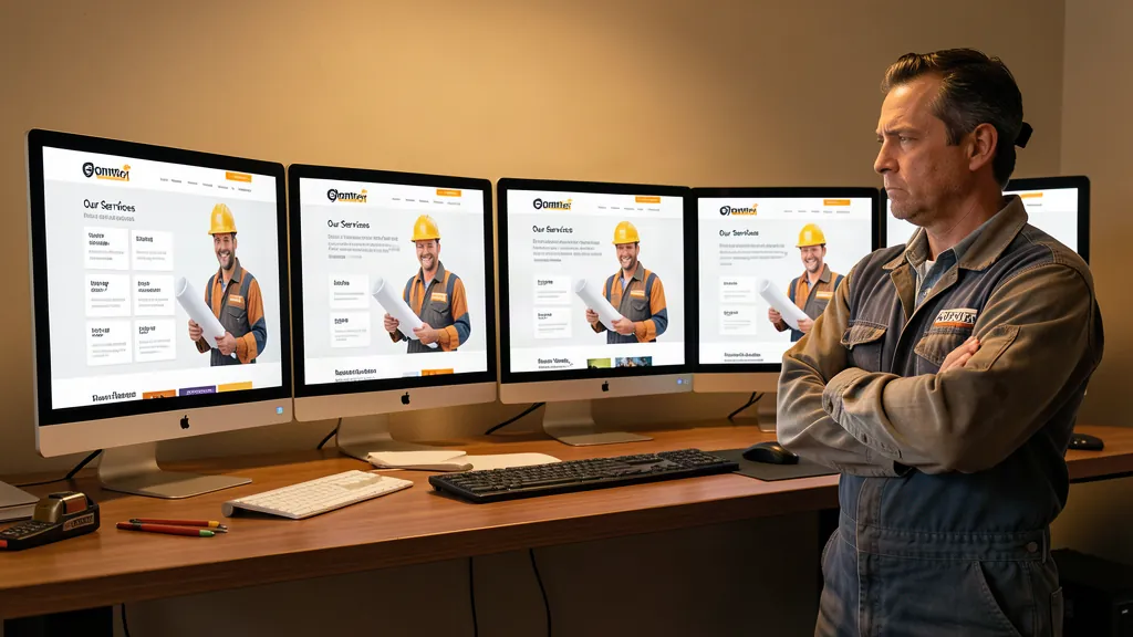 Concept image — a row of identical contractor website templates on five monitors, with a contractor unimpressed.