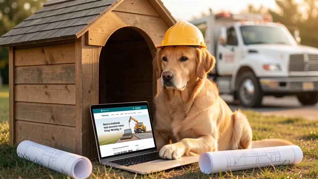 Concept image — a golden retriever in a doghouse keeping watch over a contractor website on a laptop.
