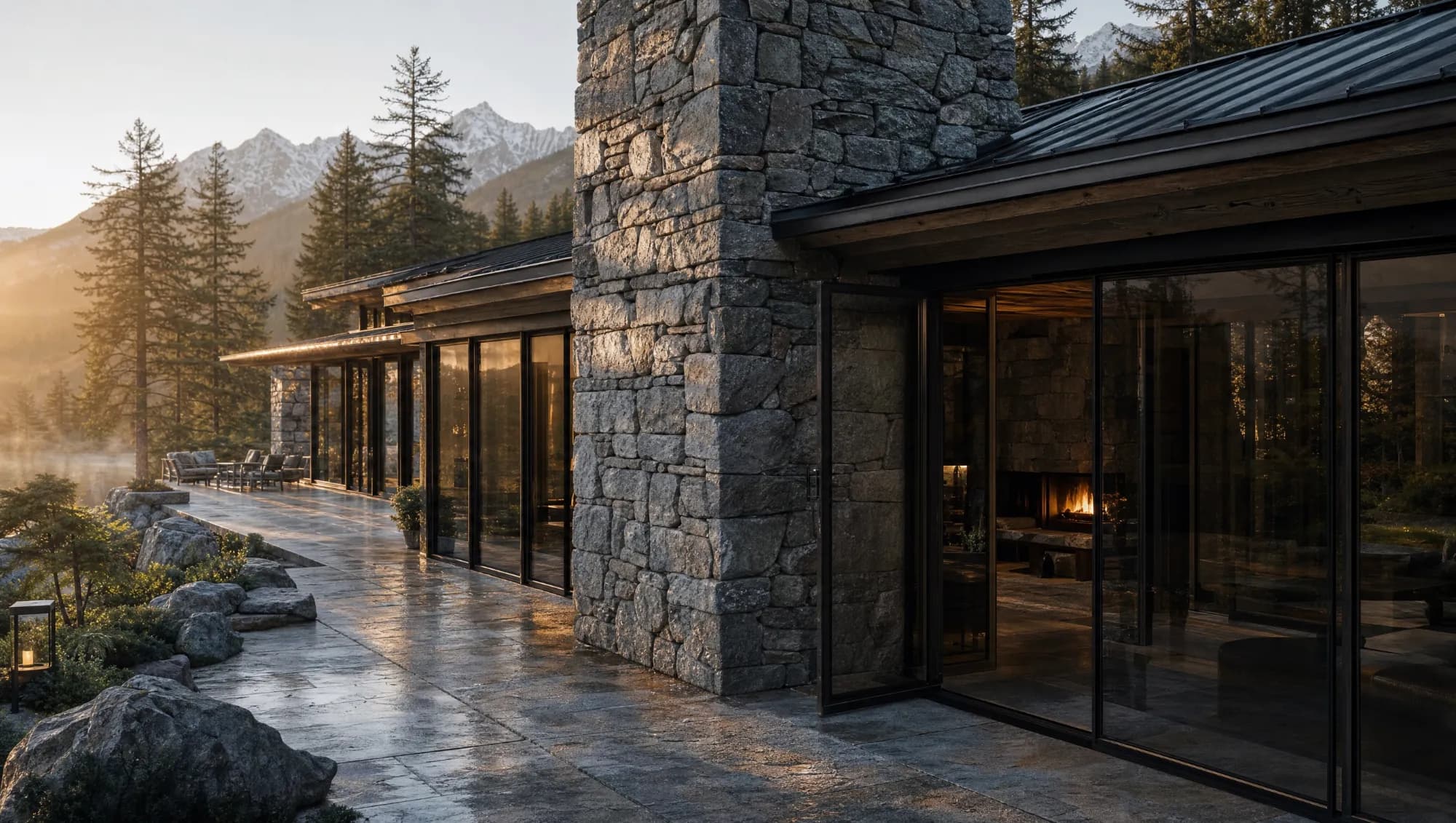 Hand-laid granite chimney beside bronze steel windows on a wet stone terrace at sunrise