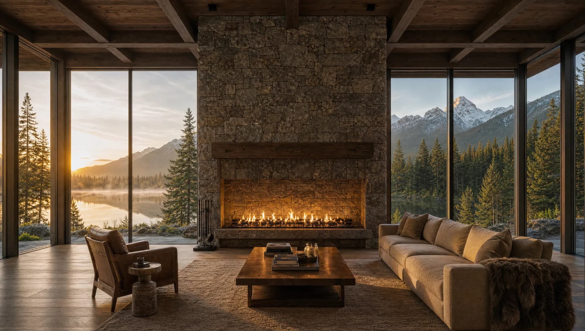 Great room with a floor-to-ceiling stone fireplace between tall windows overlooking a misty lake and mountains at sunrise