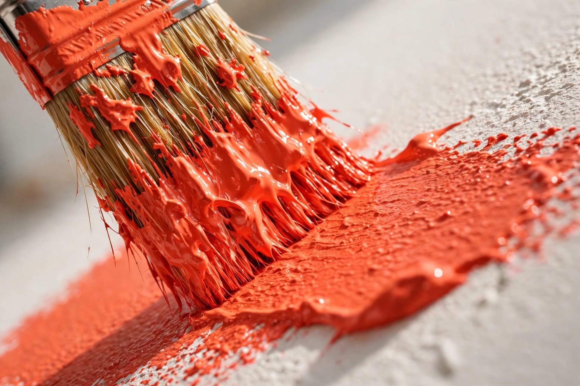 Close-up of a brush laying down vivid coral paint