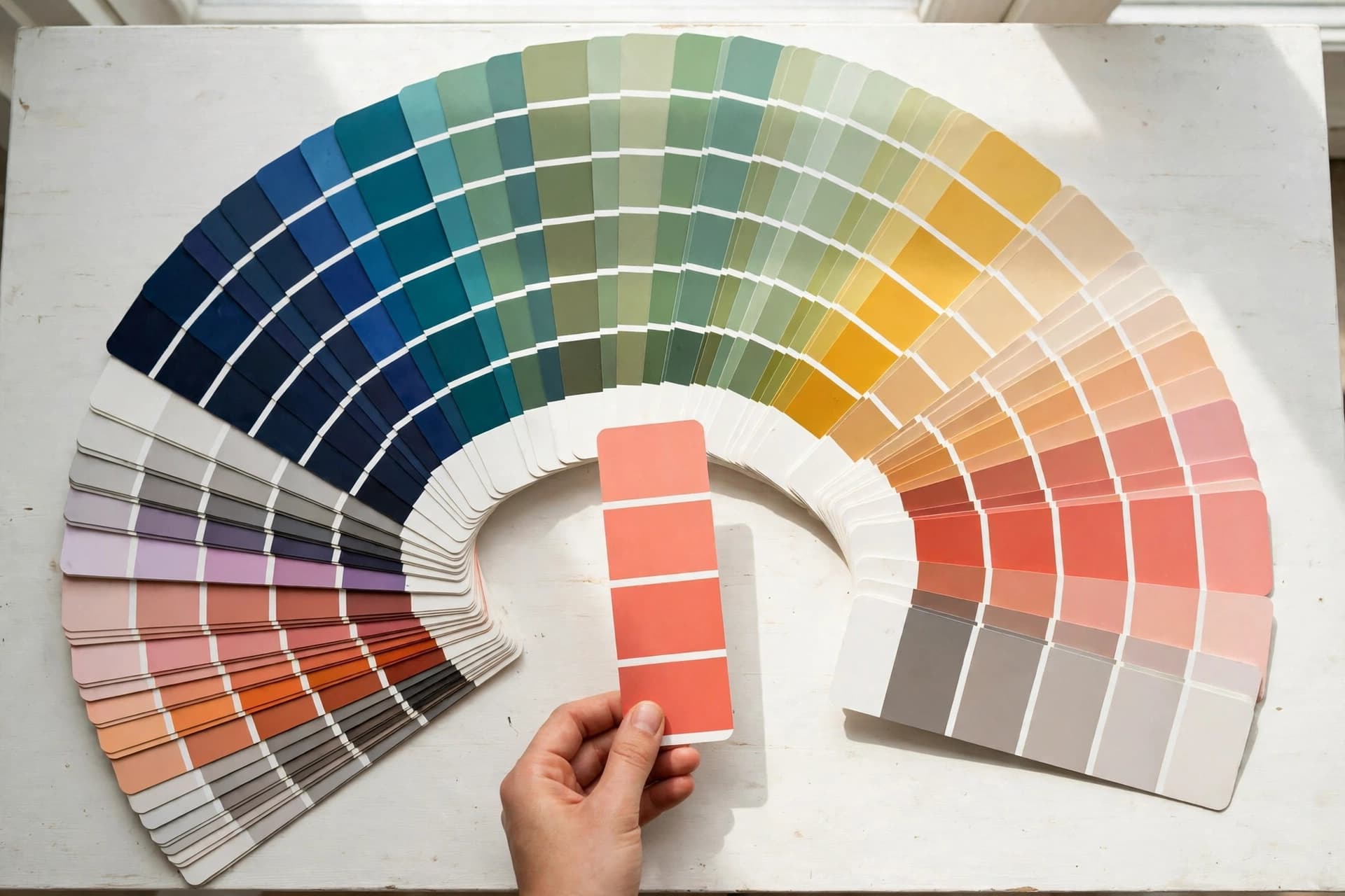 Fan of vivid paint color swatches spread on a table