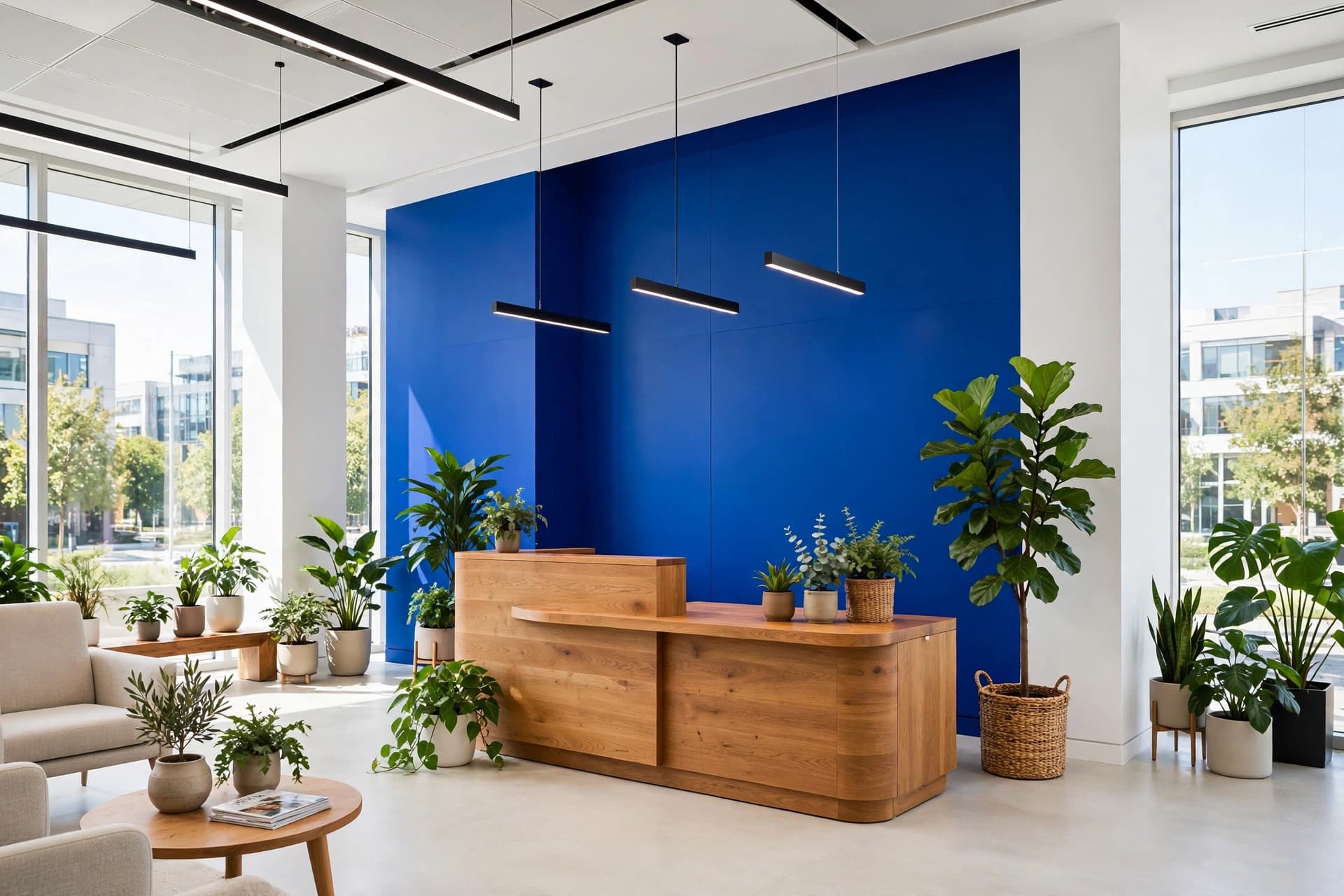 Office lobby with bold cobalt blue accent wall