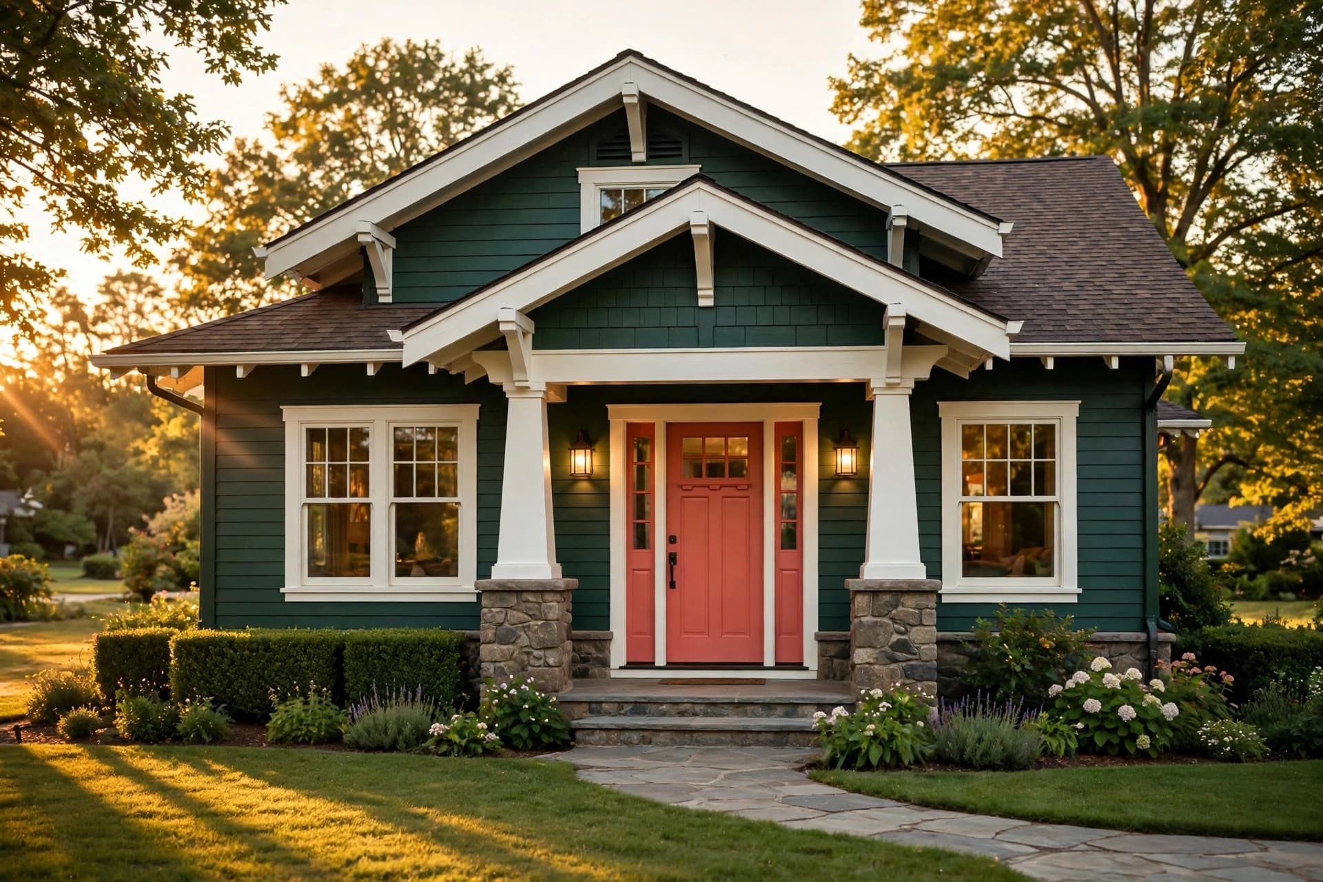 Craftsman house freshly painted deep green with white trim