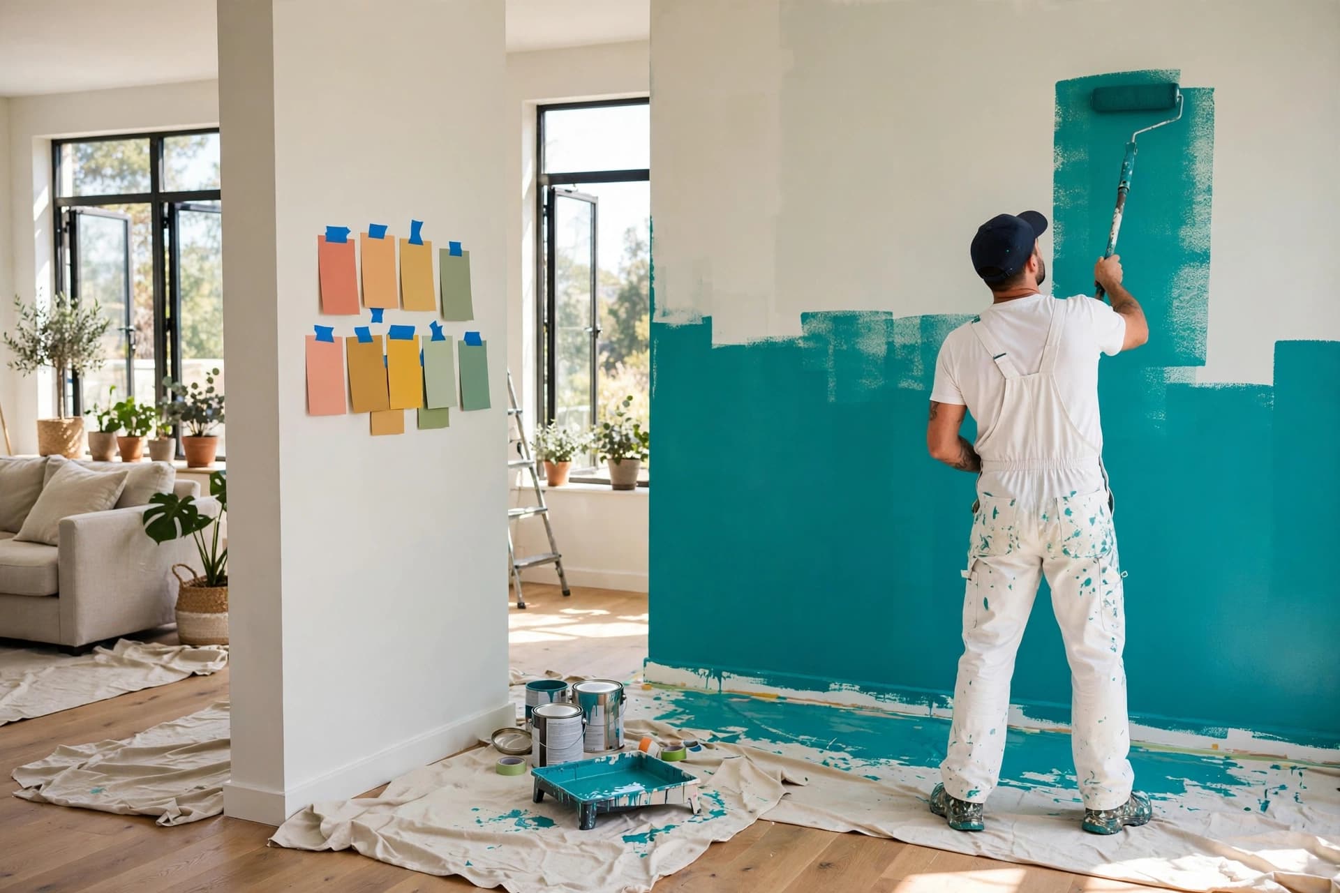 ChromaCraft Painting Co. fictional concept homepage — painter rolling vibrant teal paint, Hybrid model for a painting contractor