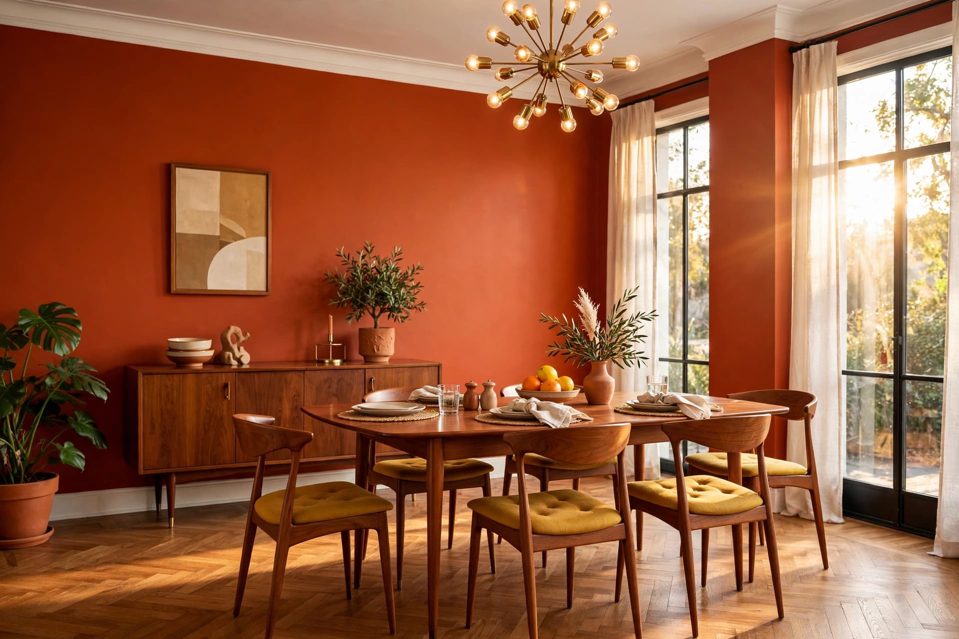 Dining room with freshly painted terracotta walls