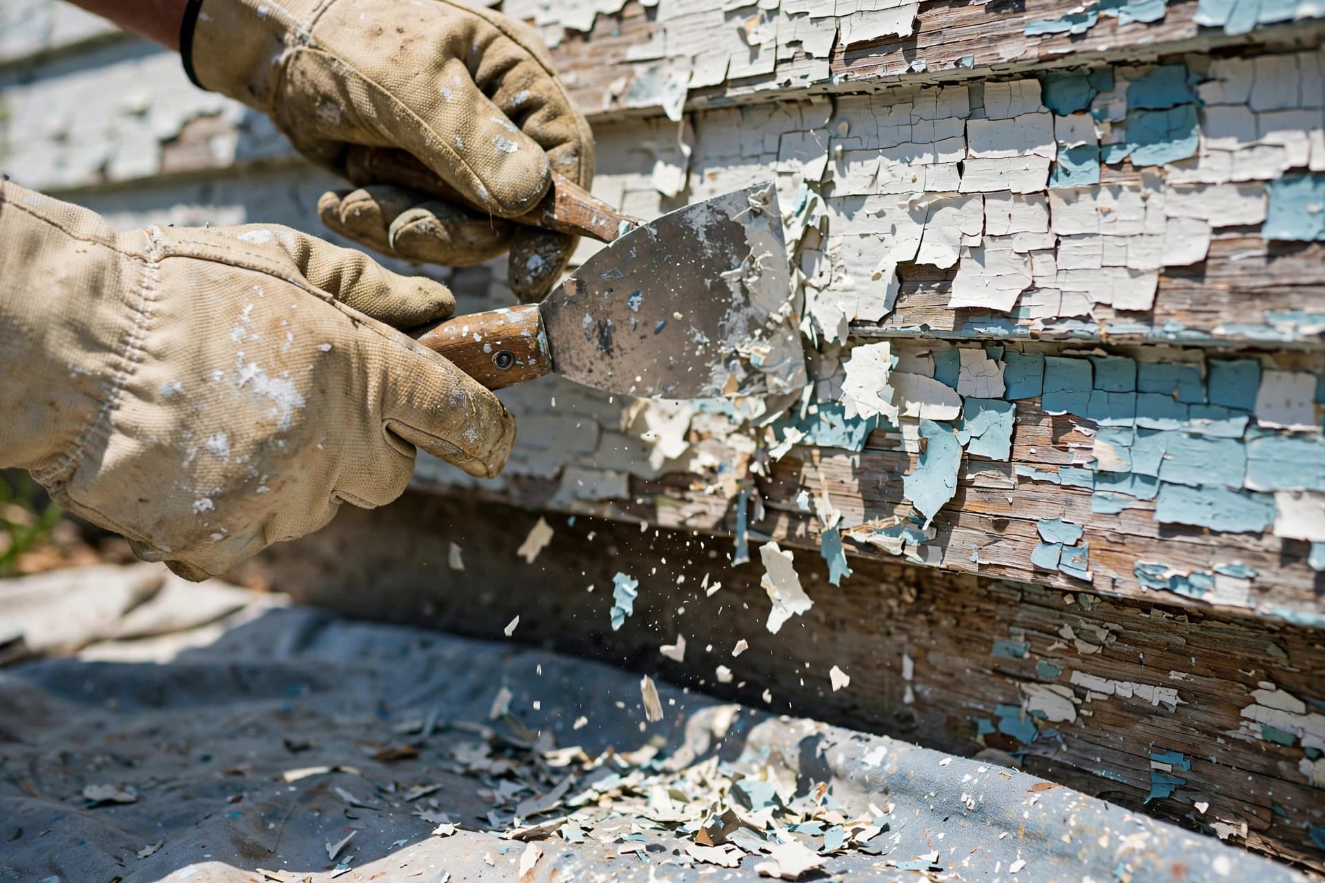 Painter scraping old paint from exterior siding