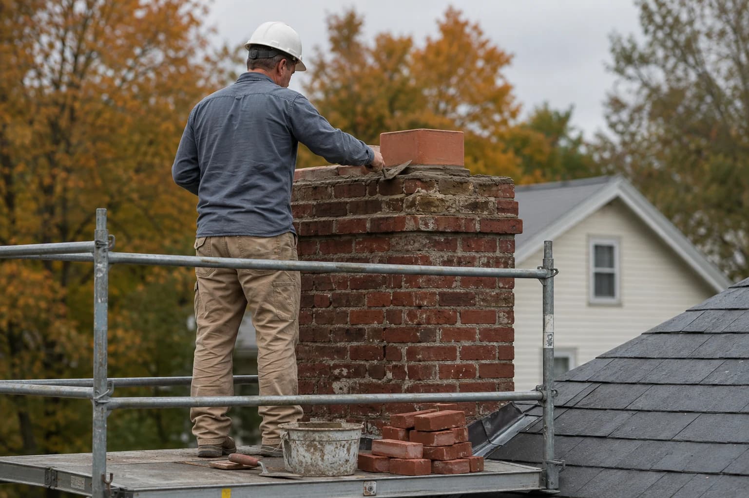 Mason rebuilding a chimney crown on scaffolding staging