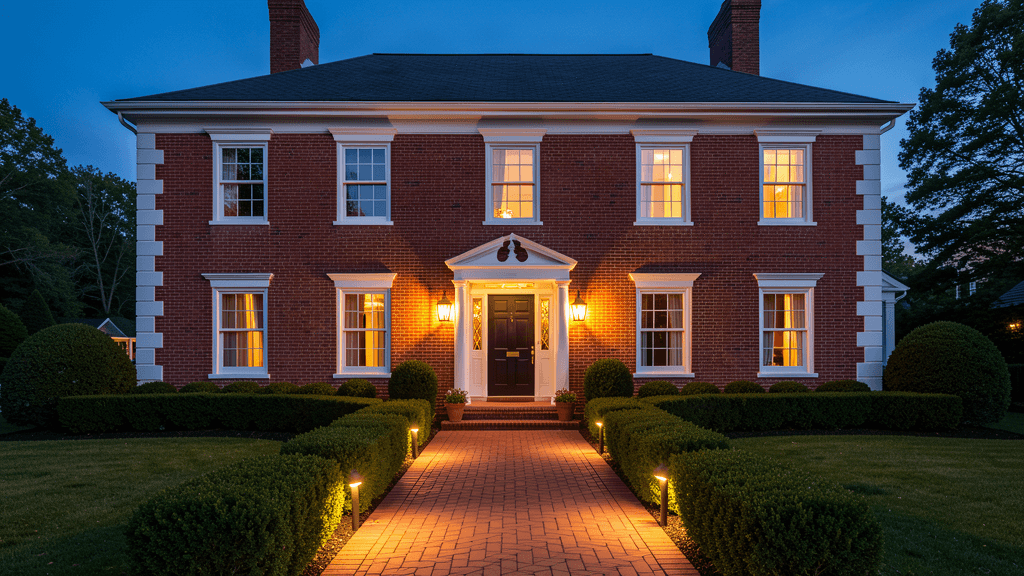 Fairfield Brick & Stone fictional concept homepage — dusk colonial brick elevation with quoins and a lit walkway
