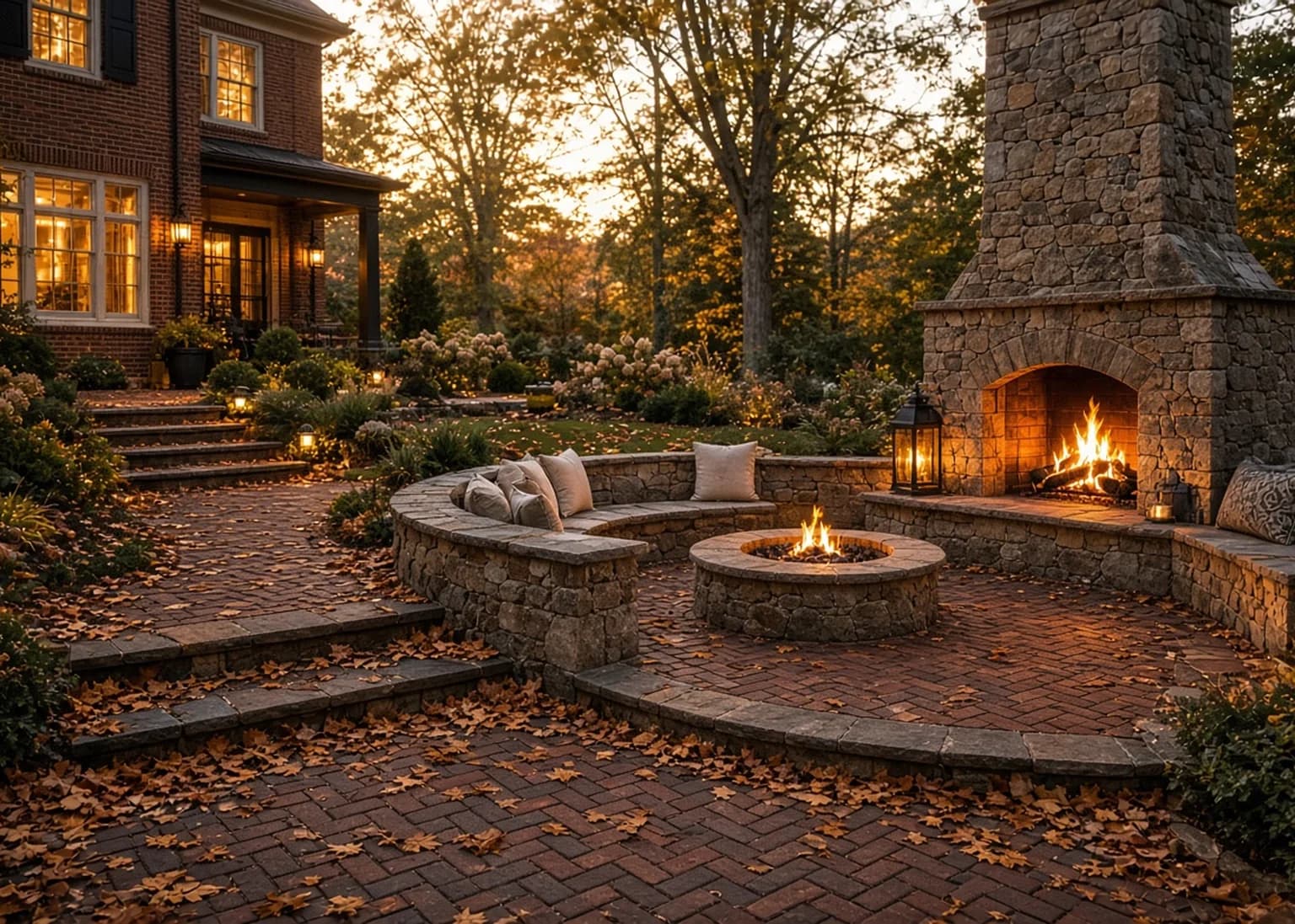 Outdoor stone fireplace and a round fire pit ringed by a curved fieldstone sitting wall on a brick terrace at dusk