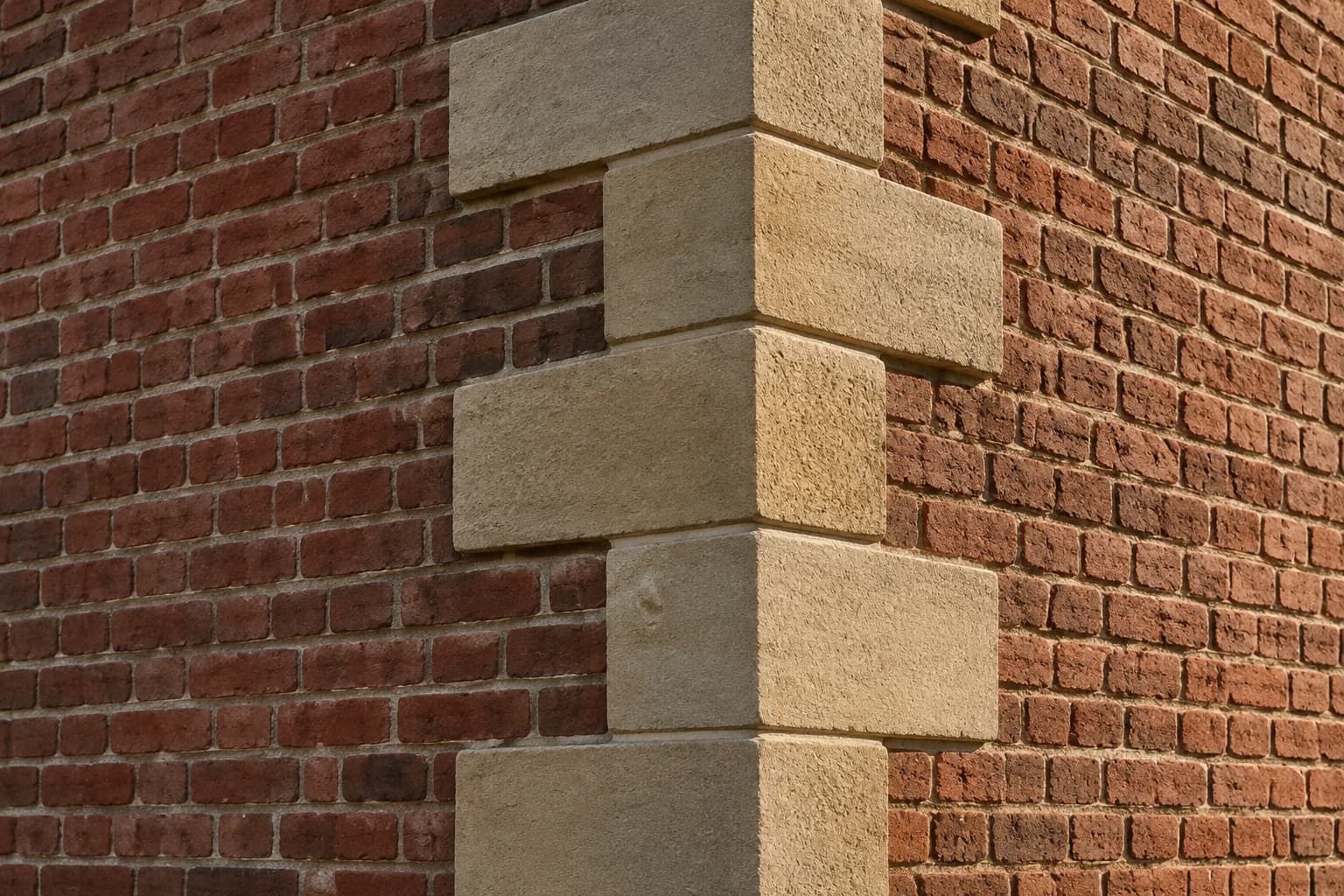 Solid limestone quoins with alternating returns at a red brick corner