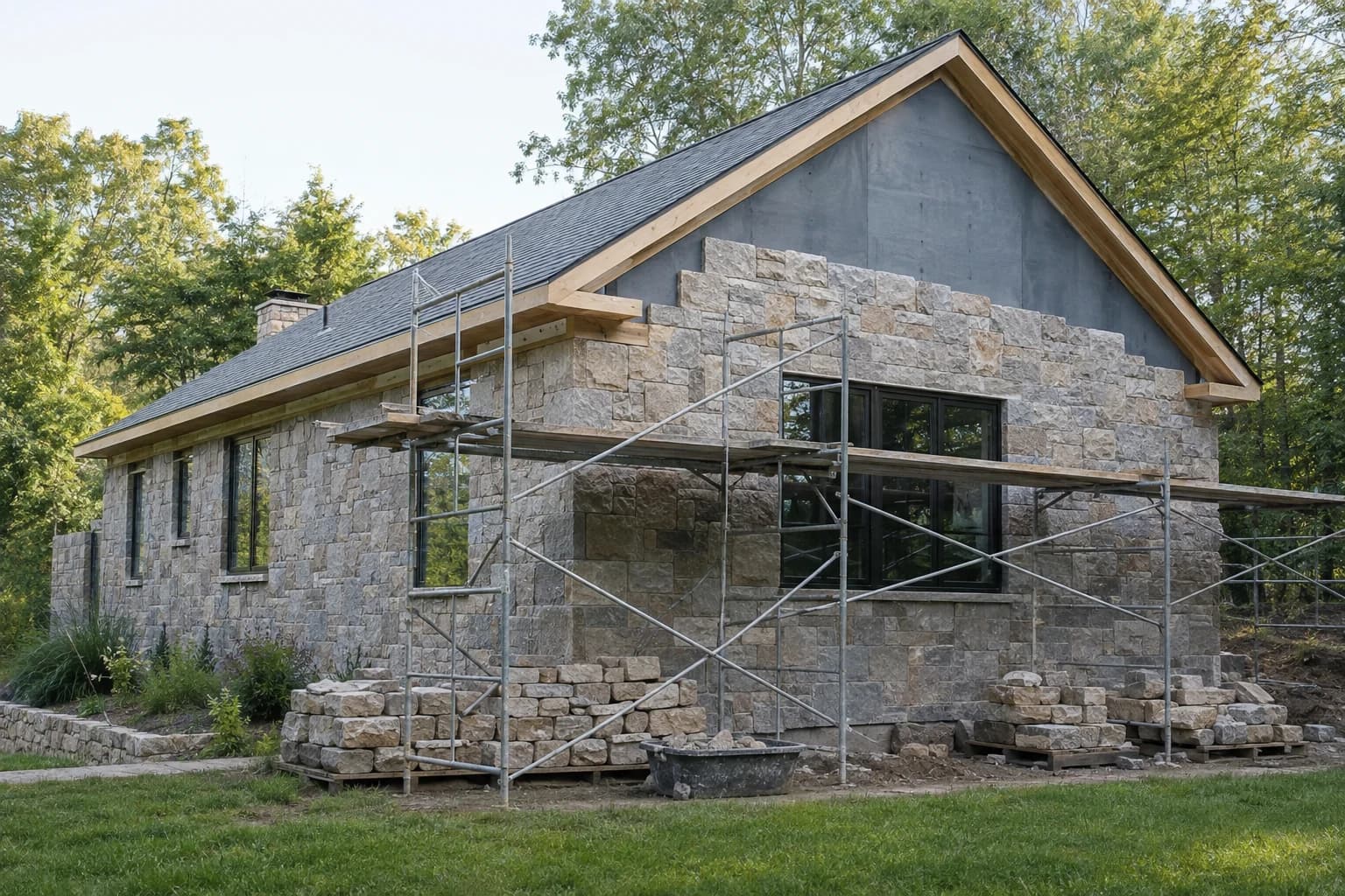 Stonework in progress behind pipe staging on a new build