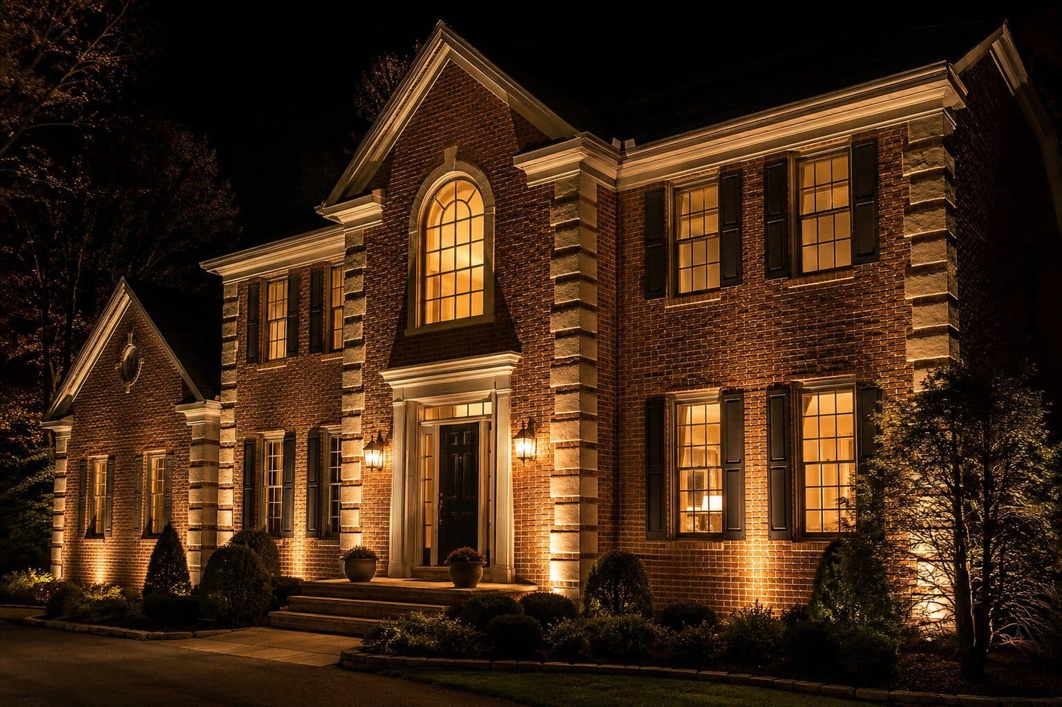 Colonial brick veneer with quoined corners and keystone lintels photographed at night