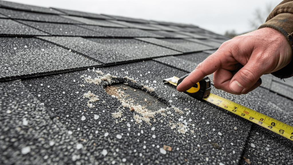 Documented hail damage on shingles, measured for the insurance claim
