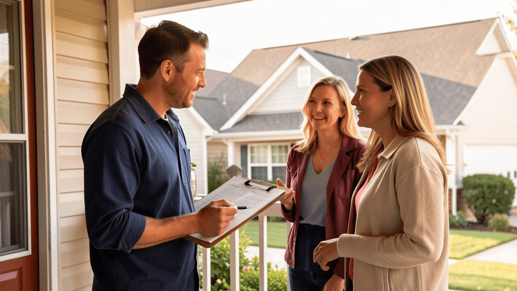 Ridgeline explaining the claim package to homeowners on their porch