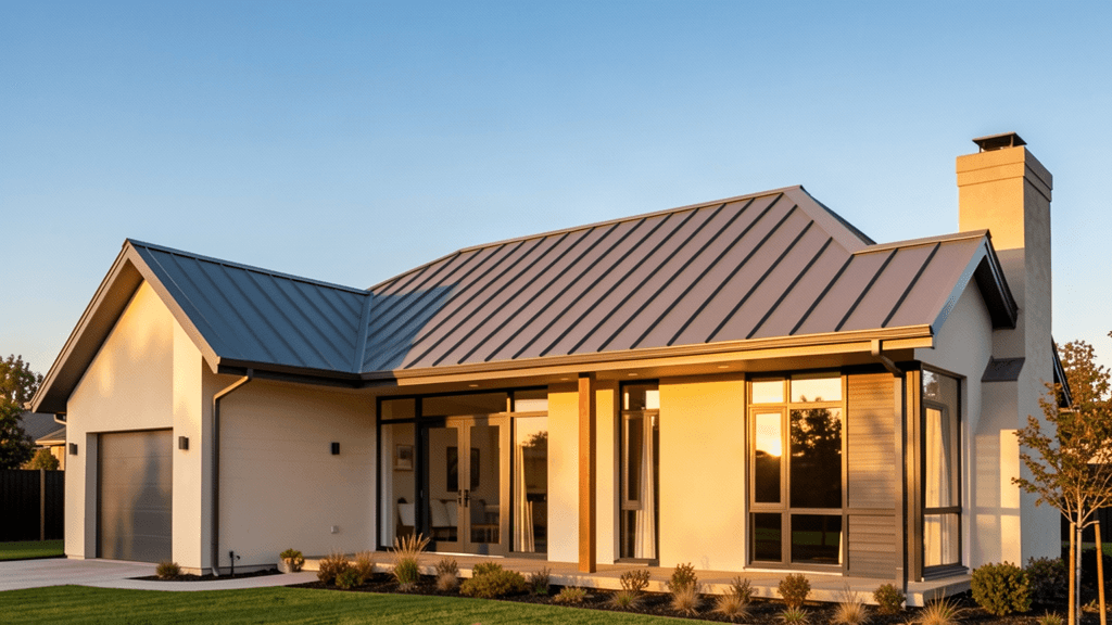 Standing-seam metal roof on a modern home at golden hour