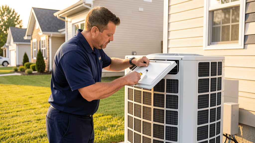 Technician servicing an outdoor AC unit