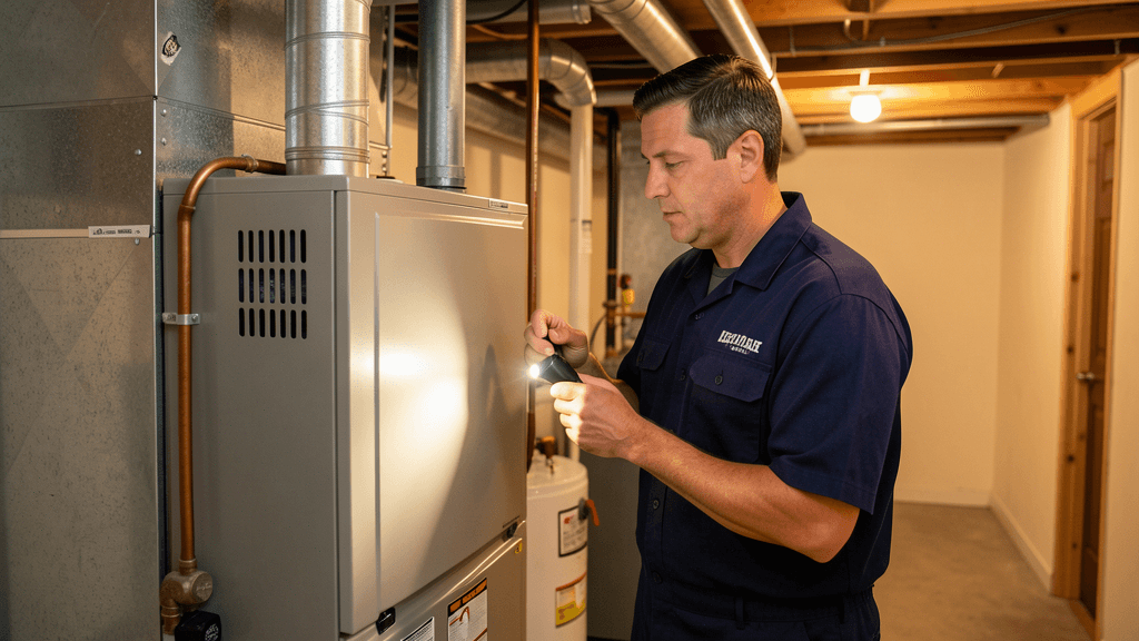 Technician inspecting a furnace