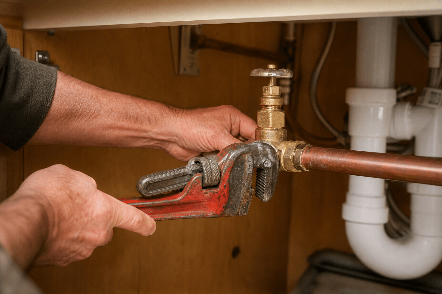 Plumbing repair tools in use