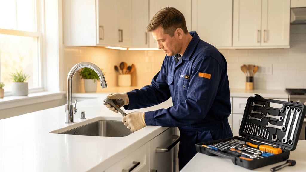 Plumber repairing a kitchen faucet