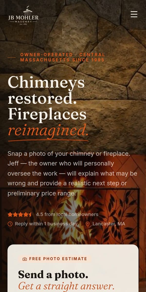JB Mohler Masonry homepage on a phone