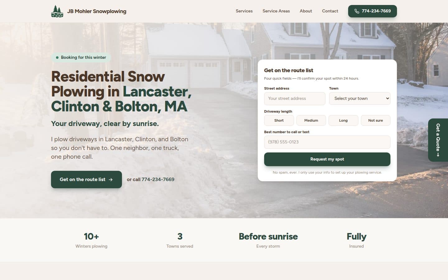 JB Mohler Snowplowing homepage on a desktop screen