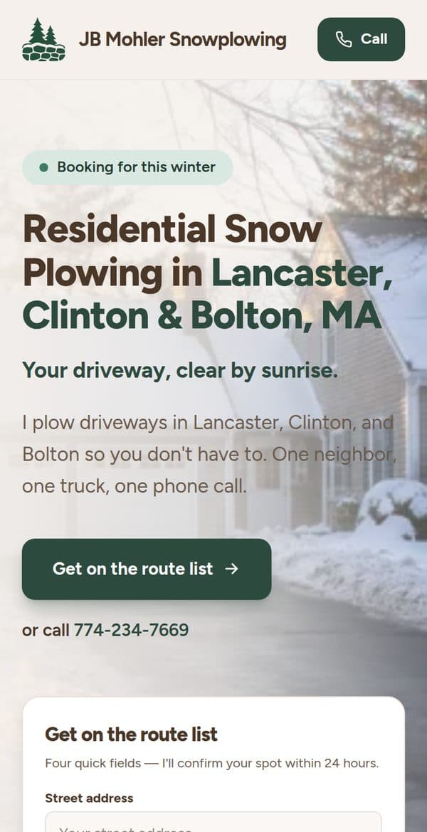 JB Mohler Snowplowing homepage on a phone